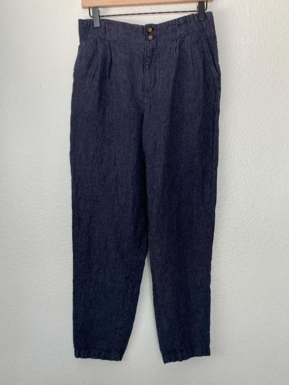 Garnet Hill Straight Leg 100% Linen Trousers Indio Blue Sz 6 Elastic Soft Pleats
